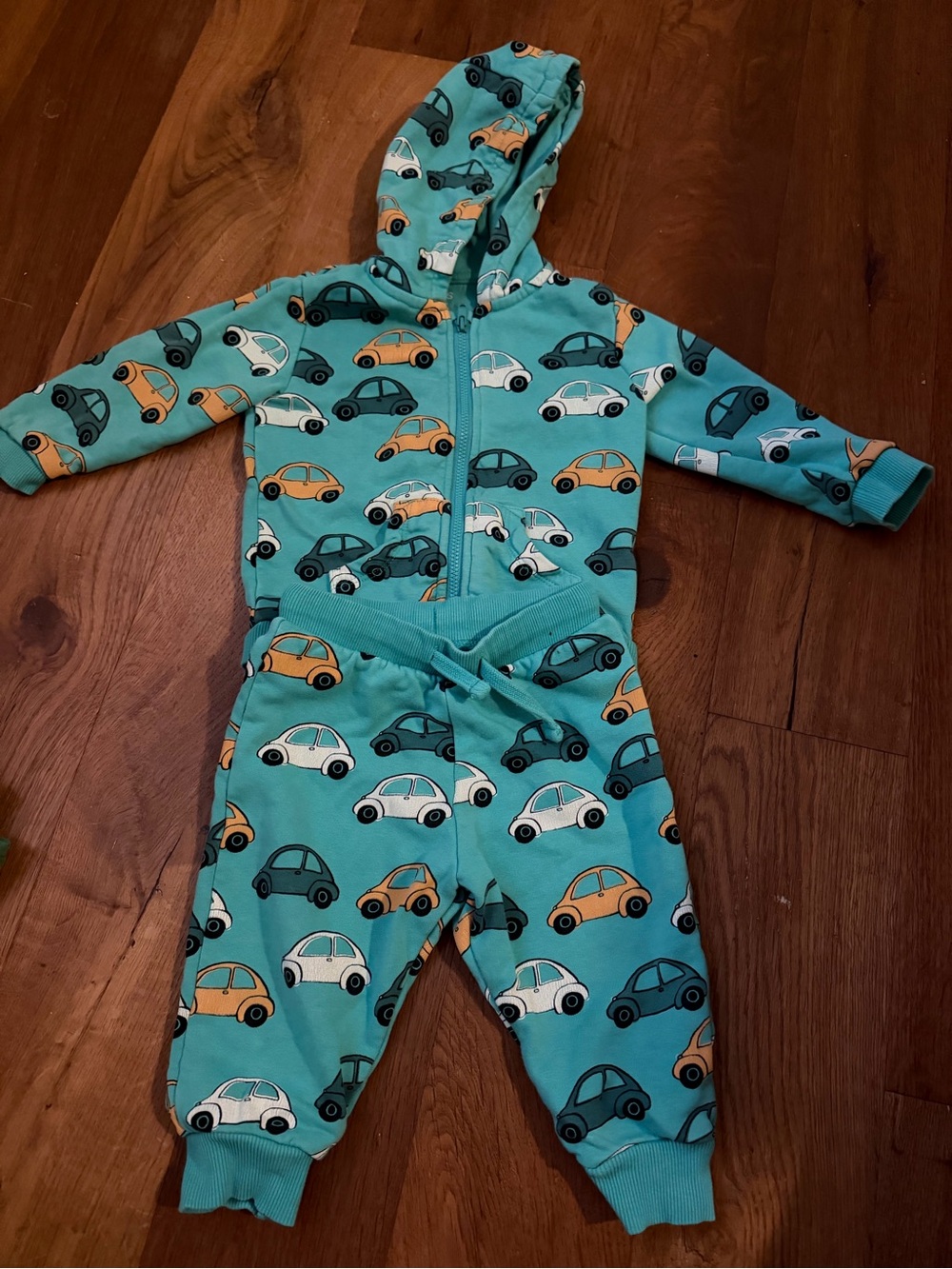Turquoise Car-Print Hooded One-Piece for Kids